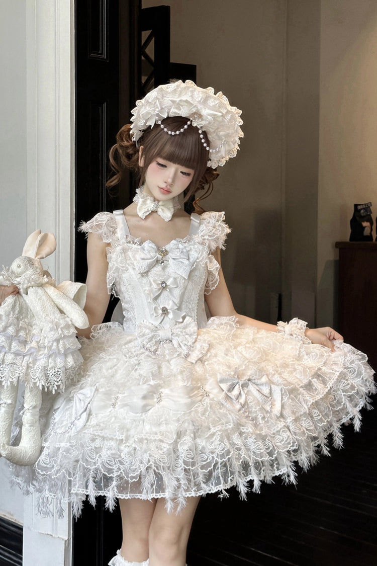 Ivory Gothic JSK with Pearl Bowknots and Layered Ruffles - Cloudborne Snowfeather