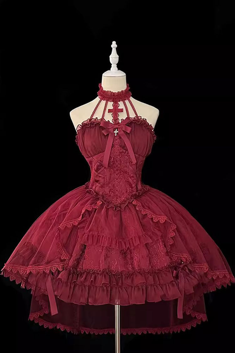 Wine Red Cross Halterneck Lace-Up Gothic Lolita Dress - Princess Ruffled