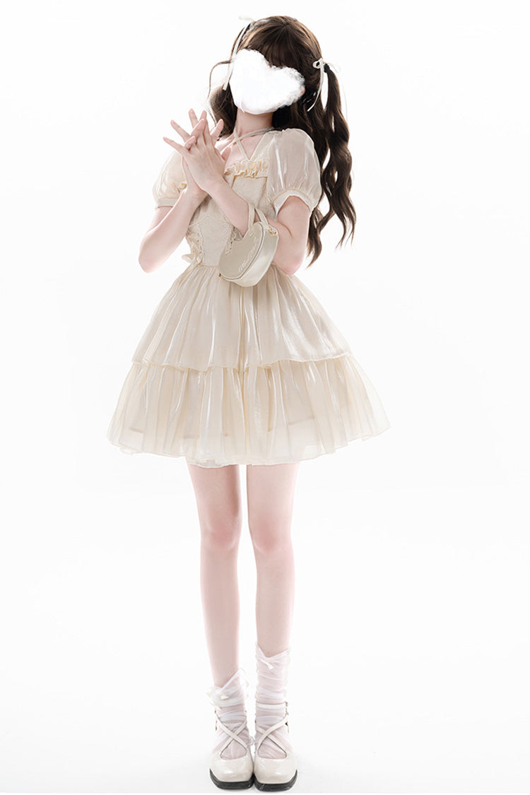 Apricot Sweet Lolita Dress with Multi-Layer Jacquard Ruffles Short Sleeves and Bowknot