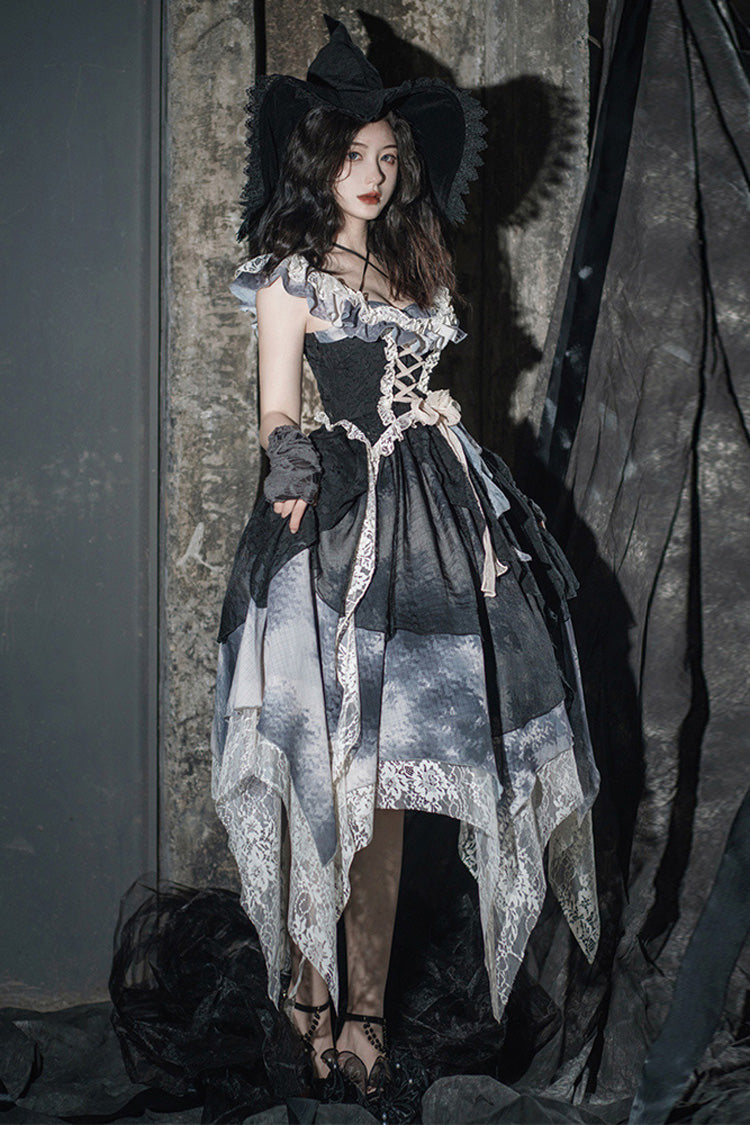 Ink Lace Sleeveless Gown with Poetic Print and Flowing Hem