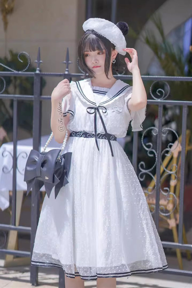 Ivory Navy Collar Ruffled Sailor Dress with Lace-Up - Seaside Sweetheart