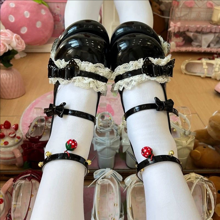 Lace Trim Bow Mary Janes with Ankle Bells - Mid Heel, 6 Tones