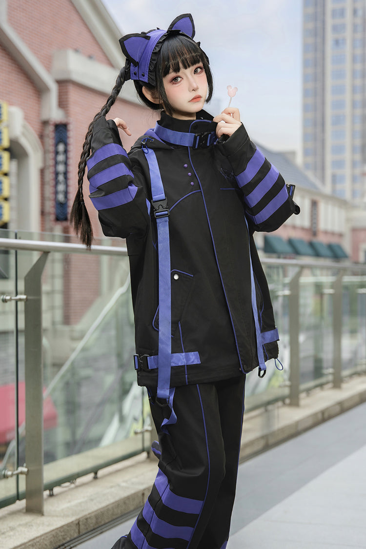 Blue/Black Long Sleeve Print Cat Ears Hooded Jirai Kei Handsome Jacket