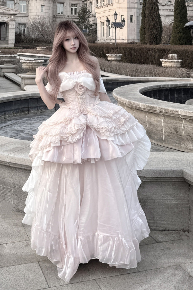 Boat-Neck Ruffled Bow Princess Dress