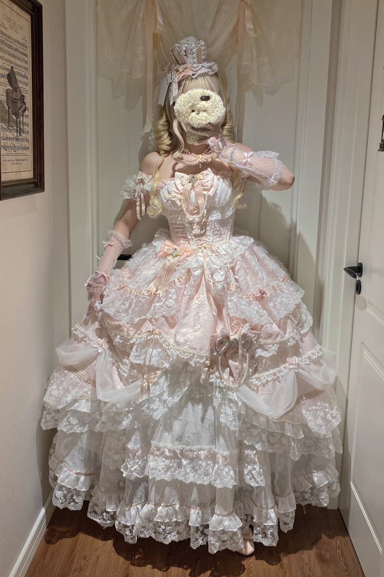 Anna's Ball Square Collar Ruffled Hanayome Bow Lace Ballet JSK - Pink
