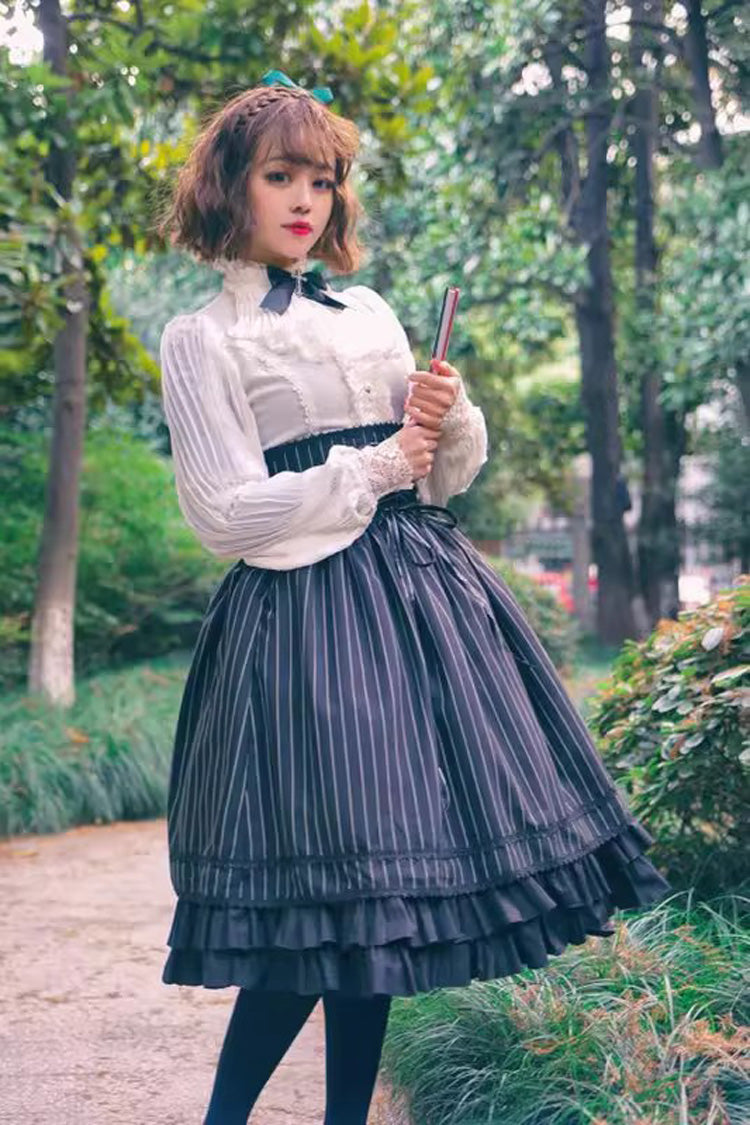 College Style Elegant Lolita Skirt with Ruffled Stripes, Black