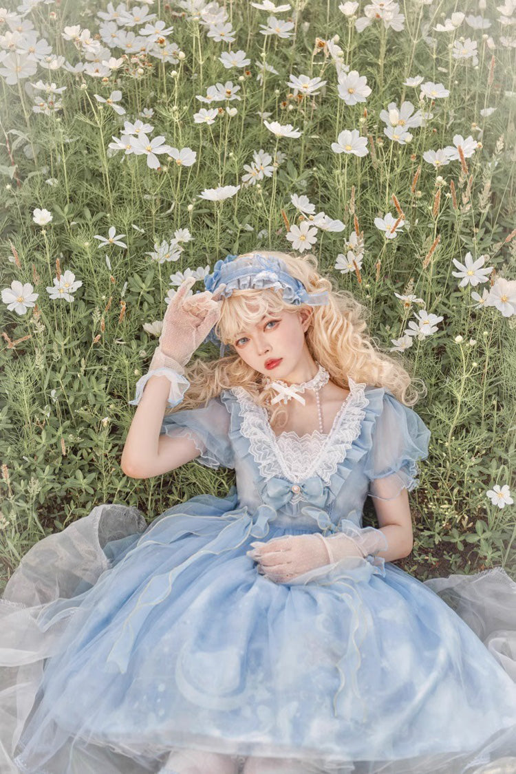 Blue Planet Butterfly Printed Ruffled Sweet Lolita Dress - High-Waisted