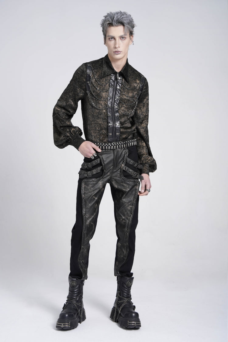 Faux Leather Stitching Buckle Pants - Punk