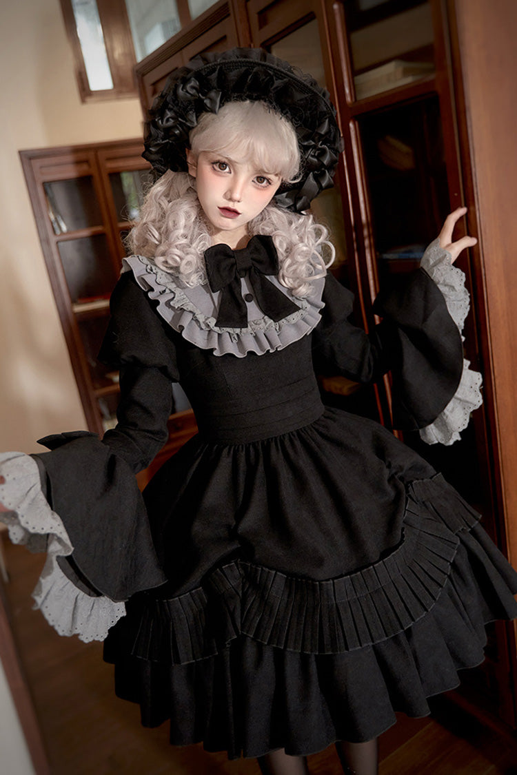 Long Hime-Sleeve Ruffled Bow Gothic Dress in Black