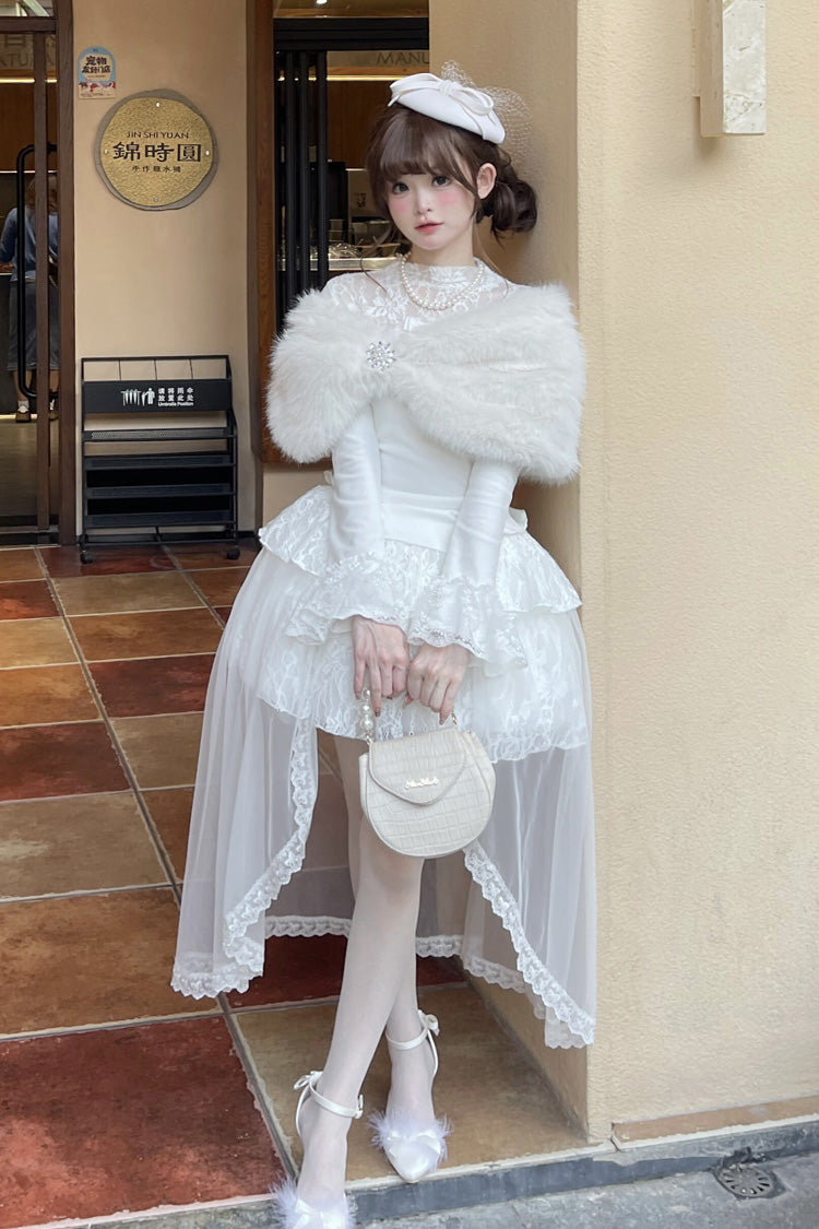 Ivory Long Sleeve Lace Irregular Sweet Skirt Set