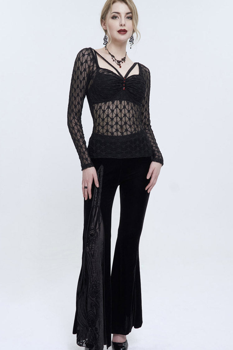 Punk Black Lace Mesh Front Red Diamond Transparent Long-Sleeve Women's Shirt