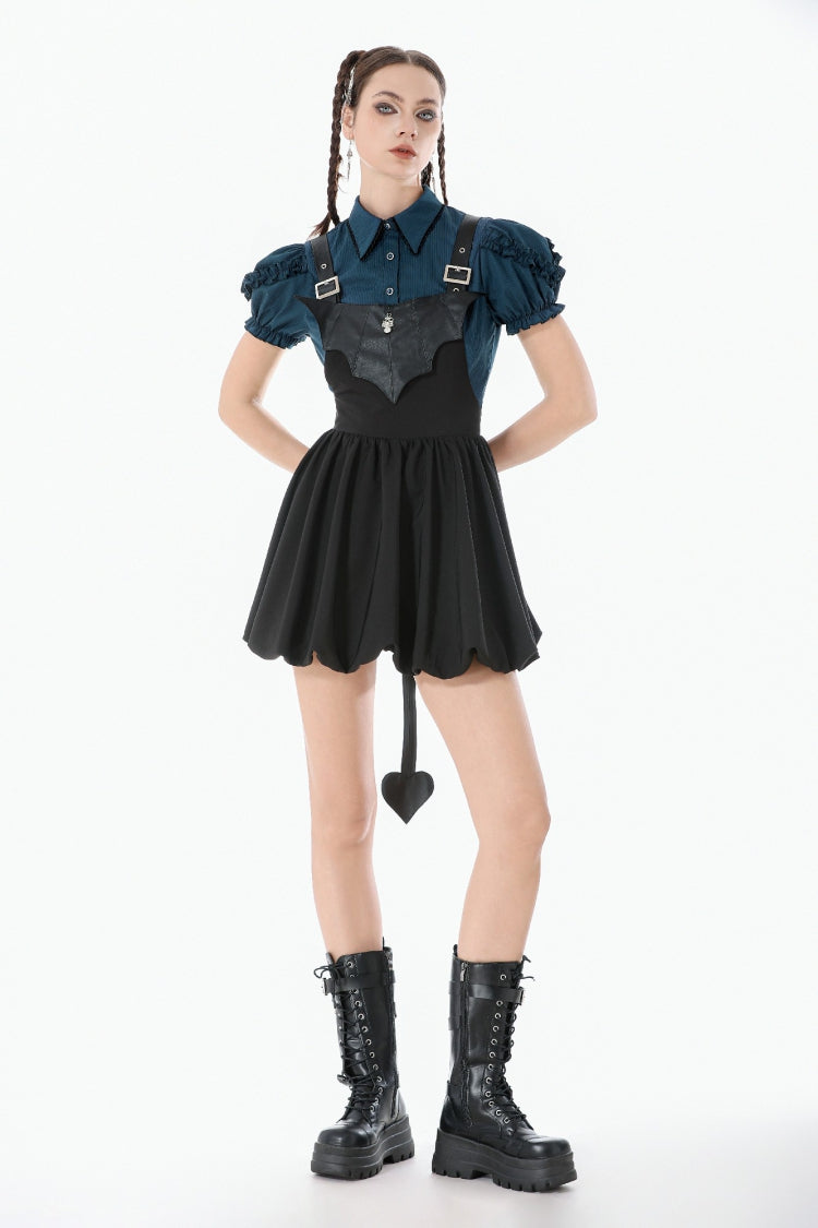Bat Wing Buckled Gothic Suspender Dress Graduation Dress with Tail