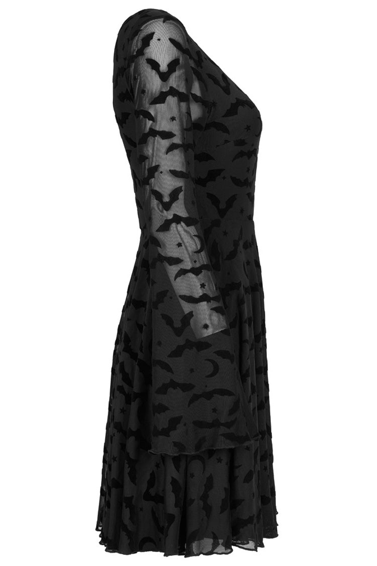 Minimalist Flared Sleeve Bat Moon Flocking Print Long Dress