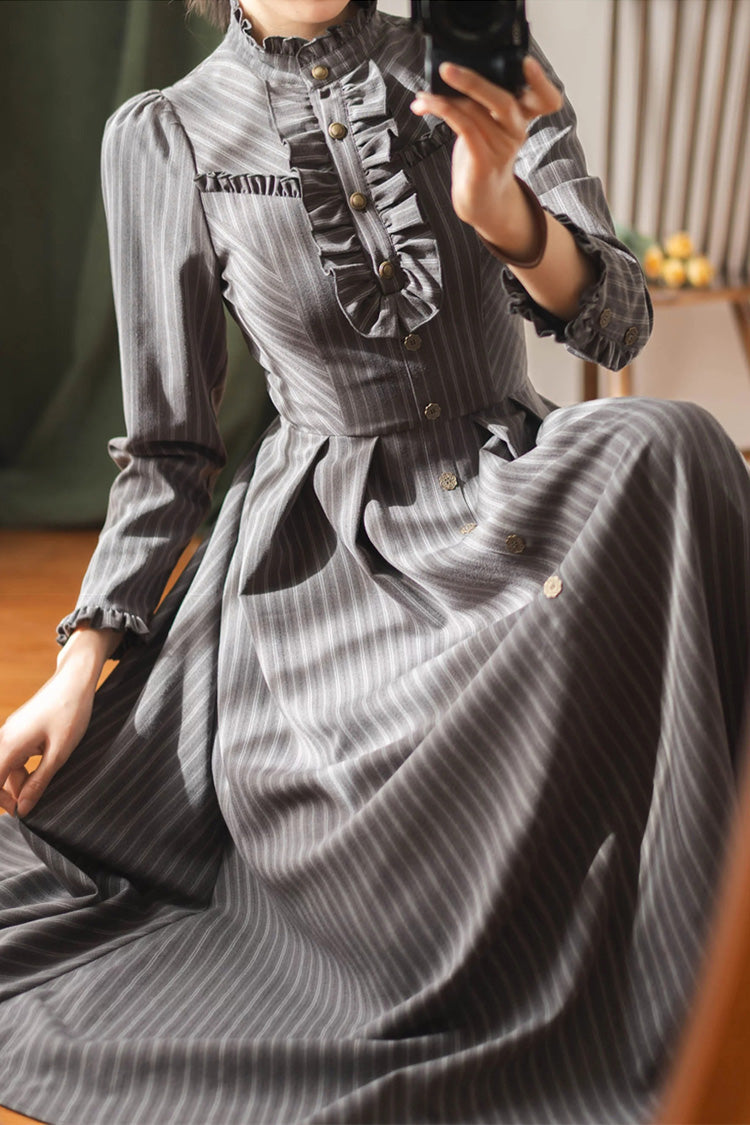 Striped Printed Ruffled Dress - Forest Castle