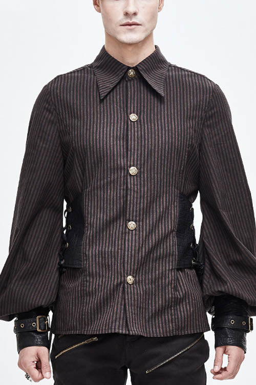 Cocoa Pinstripe Punk Waistcoat with Cinched Leather Accents