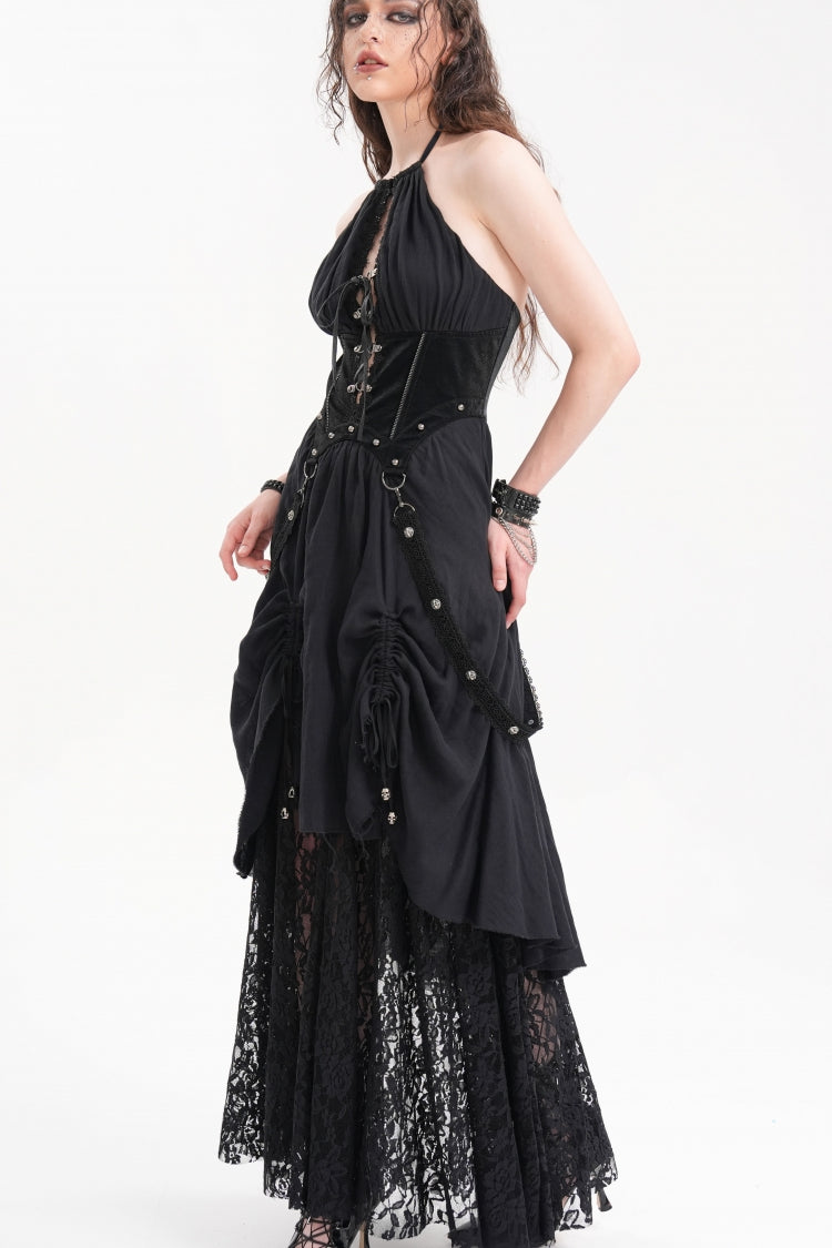 Alluring Black Hollow Lace Halter Gothic Strap Maxi Gown