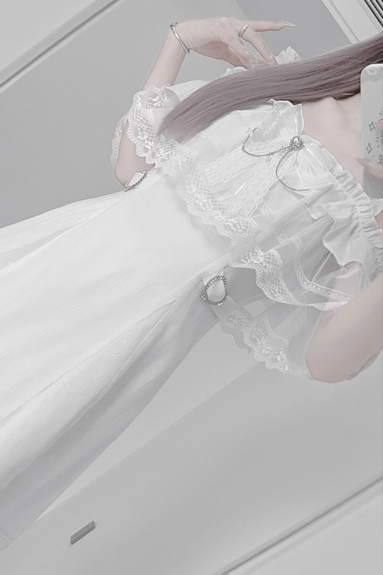Ivory Pear Moon Ruffle Bow Lace Jirai Kei Japanese Dress