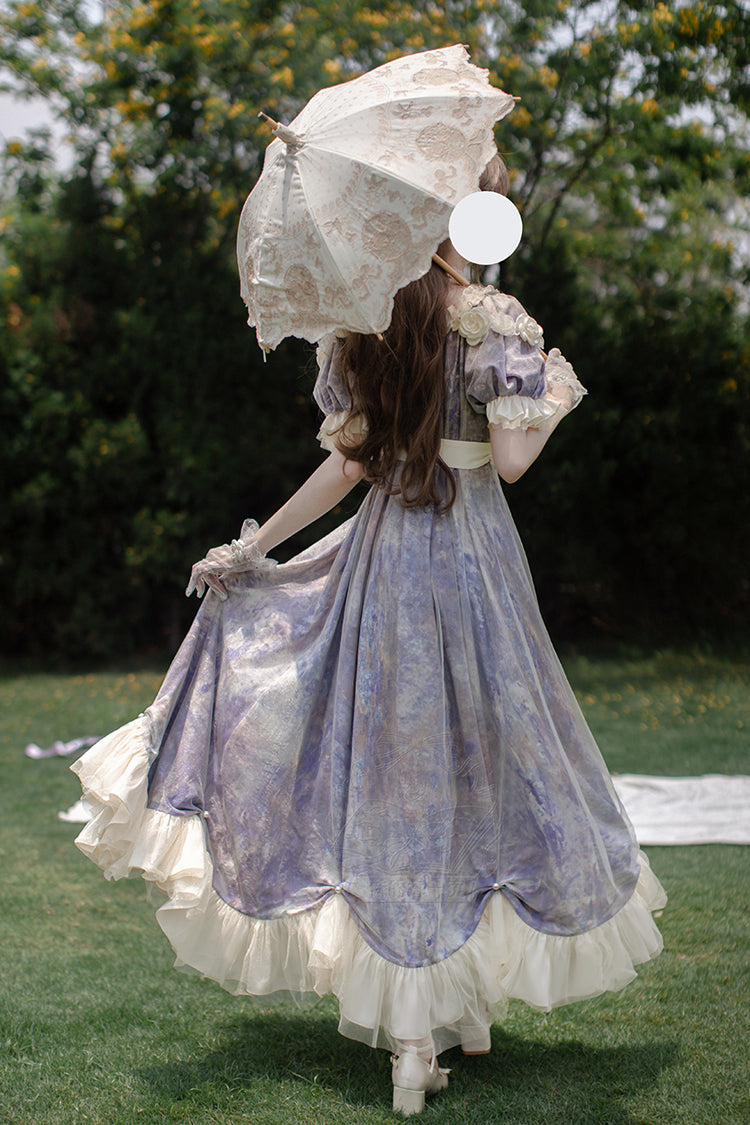 Violet Sun Moon Poem Short Sleeve Printed Bow Princess Lolita Dress