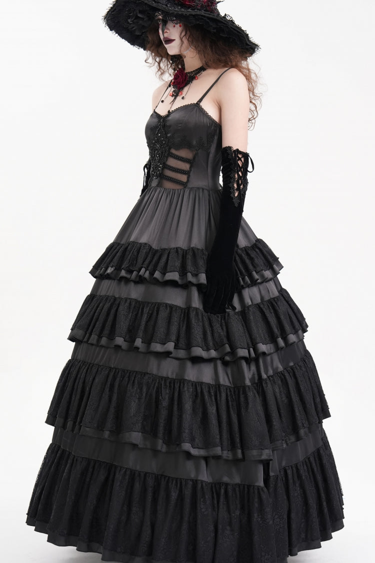 Gothic Mesh Dress with Ruffles and Lace-Up, Black