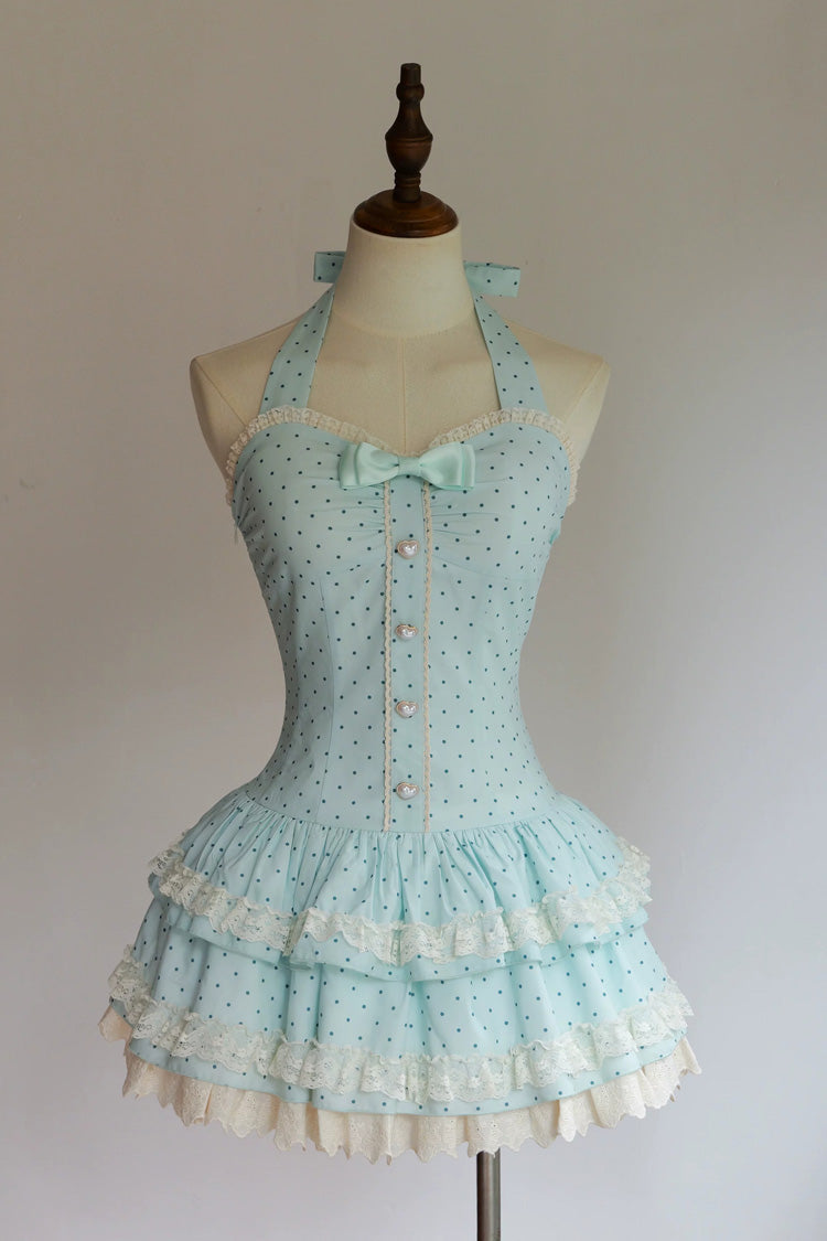 Halter Sleeveless Layered Ruffled Bow Sweet JSK - Summer Mint
