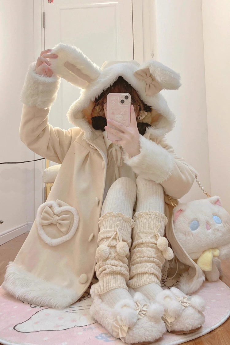 Rabbit Ears Single-Breasted Coat with Bowknot in Light Yellow