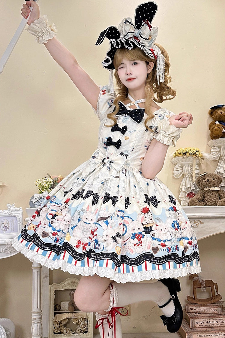 Square Collar Short Sleeve Print Ruffle Sweet Lolita Dress Beige