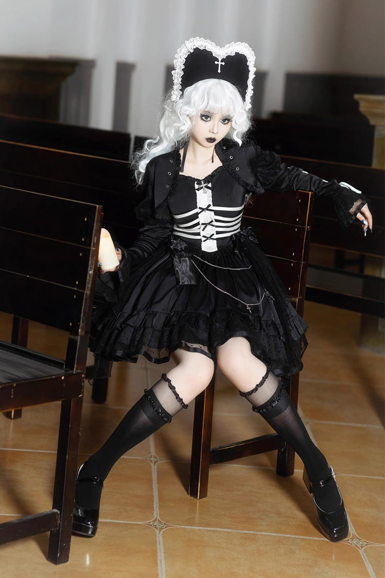 Black Prisoner Illusion Long-Sleeve Multi-Ruffle Bow Gothic Lolita JSK