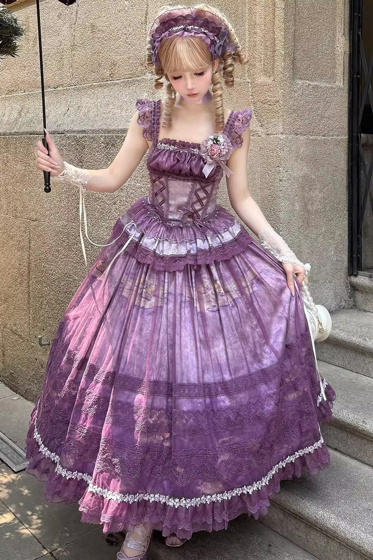 Violet Mist Vineyard Sleeveless Ruffled Bow Lace-Up JSK Skirt Set