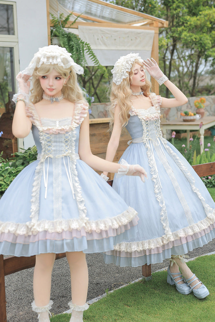 Island Diary Square Collar Flutter Sleeves Triple-Layered Ruffled Lace-Up Sweet Lolita Jsk Dress 2 Versions - Blue
