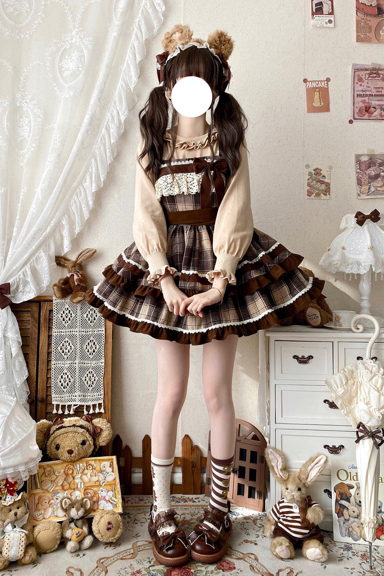 Cocoa Sleeveless Double-Layered Plaid Ruffle Bow Lace Sweet Lolita JSK