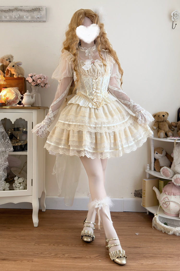 Apricot Sweet Ballet Lolita Skirt Set with Double-Layer Bowknot Lace and Elegant Style
