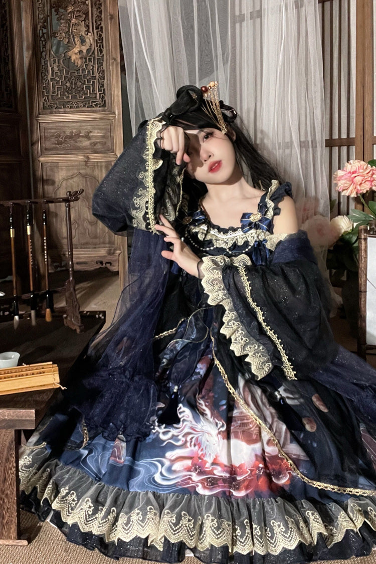 Classic Chinese Princess JSK Dress with Fox Print and Ruffled Bow - Nine-tailed Fox, 2 Tones
