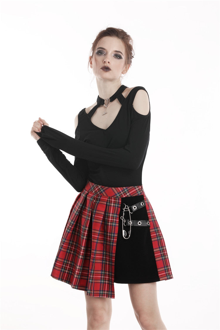 Crimson Plaid Pleated Punk Hem Skirt