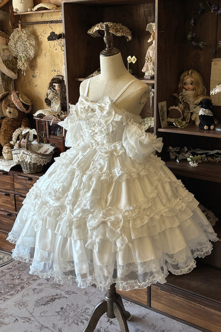 Ivory Off-Shoulder Short Sleeve Layered Dress with Bows - Spring Cherry Snowfall