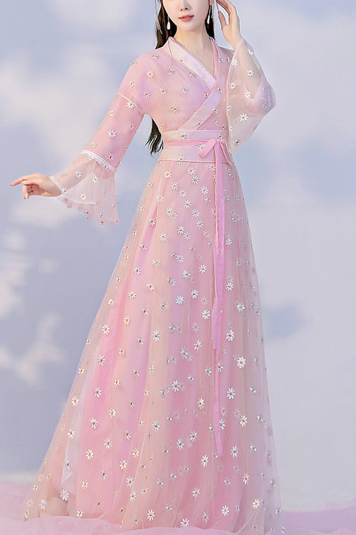 Blush Sunflower Embroidered Flared Sleeves Sweet Hanfu Gown