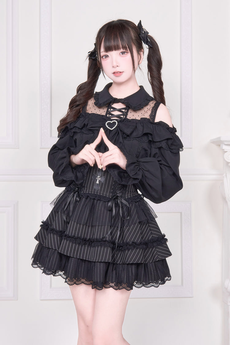 Off Shoulder Bowknot Lace-Up Print Long Sleeve Jirai Blouse in Three Colors