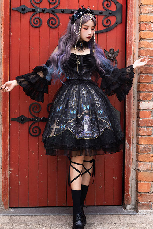 Black Skull Print OP Dress with Lantern Sleeves