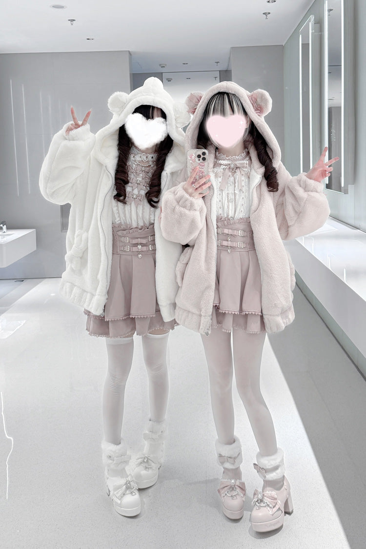 Sleepy Bear Fluffy Japanese Jirai Kei Coat with Bow and Lace-Up