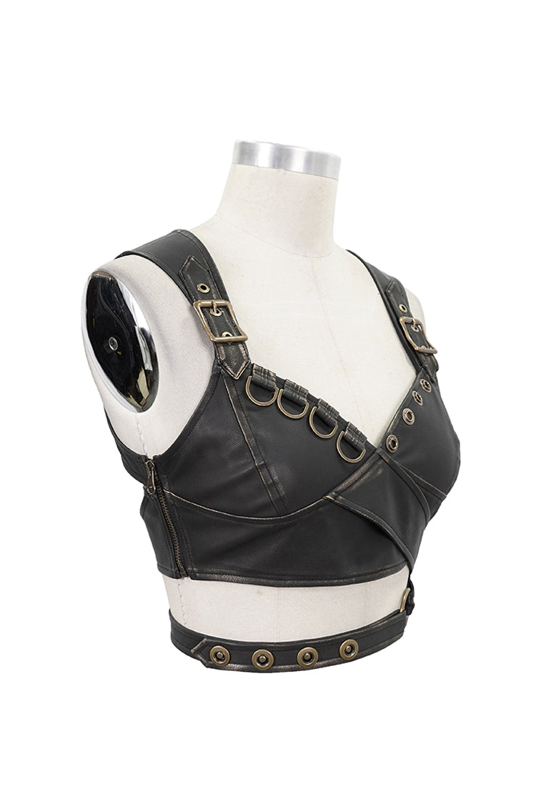 Vintage Hand Wiped Leather Shoulder Loop Backless Lace-Up Punk Waistcoat