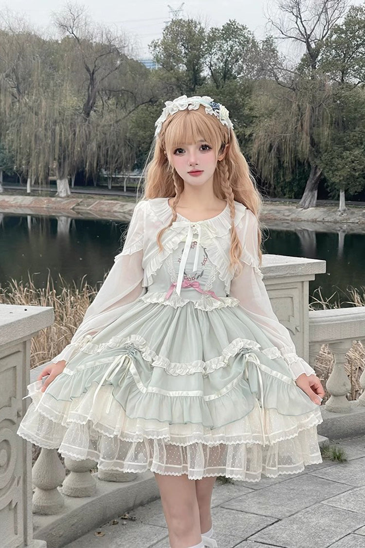 Emerald Light Dance Multi-Tier Ruffle Embroidery Lace Sweet Jumper