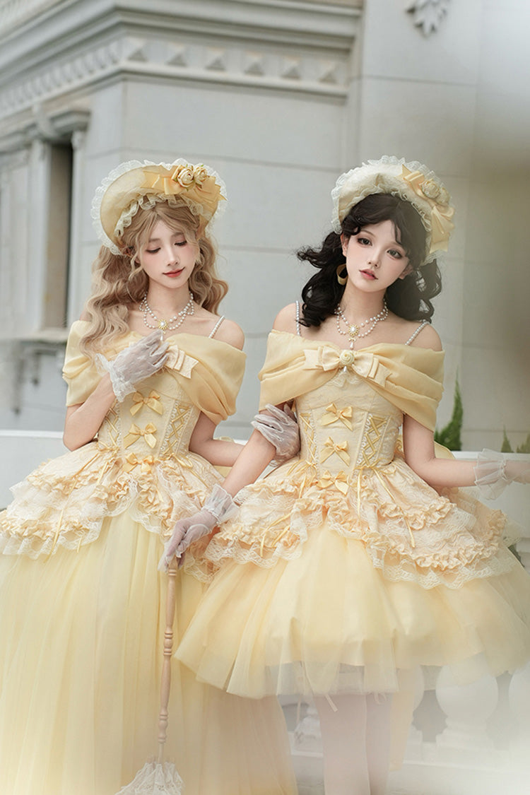 Yellow Off Shoulder Sweet Skirt with Lace and Bow - Sissi's Pilgrimage