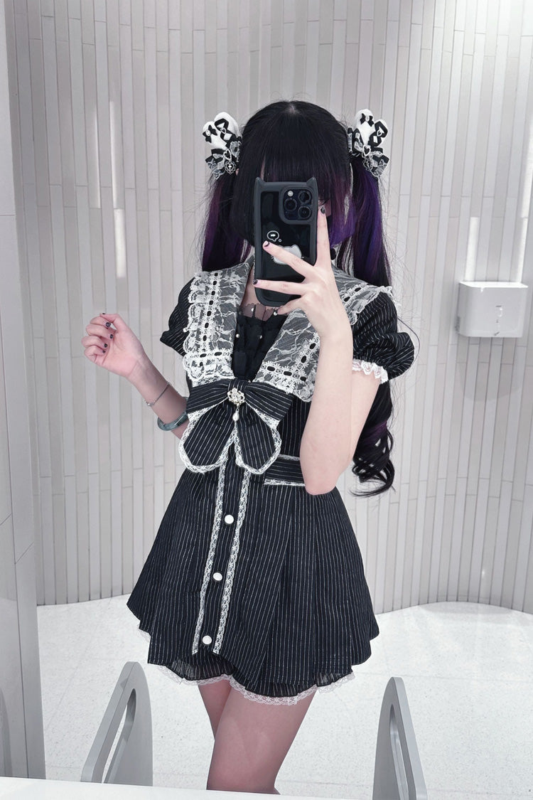 Black [Serenade] Short Sleeve Ruffle Bowknot Lace Sweet Jirai Kei Gown Set