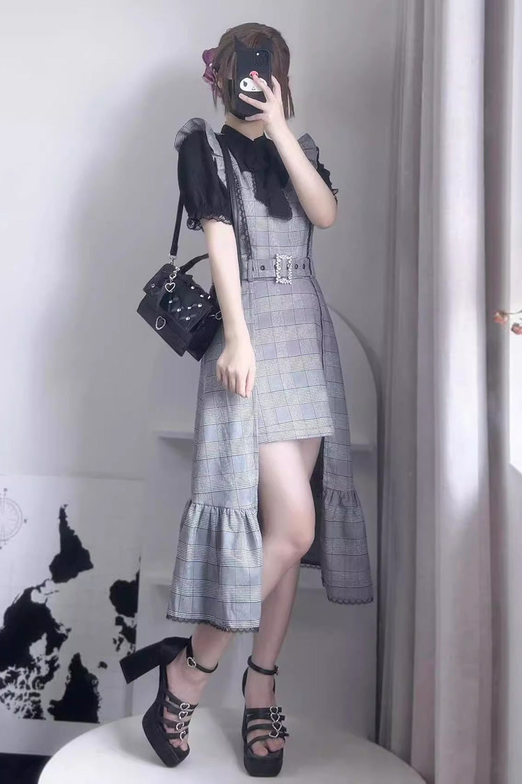 Grey Sleeveless Plaid Ruffle Slim Irregular Jirai Kei Dress