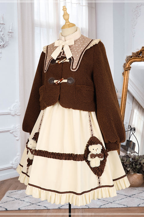 Cream OP Dress - Round Collar Lantern Sleeves Bear Sweet Lolita