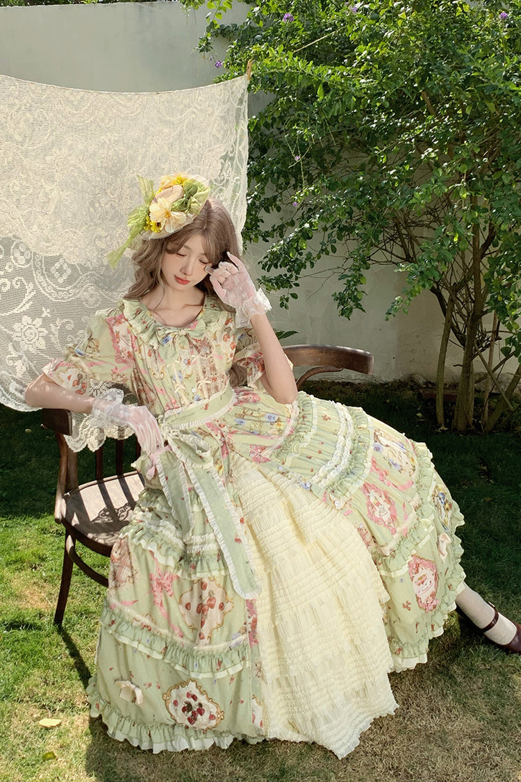 Green Short Sleeve Print Ruffle Cardigan Bowknot Gorgeous Dress