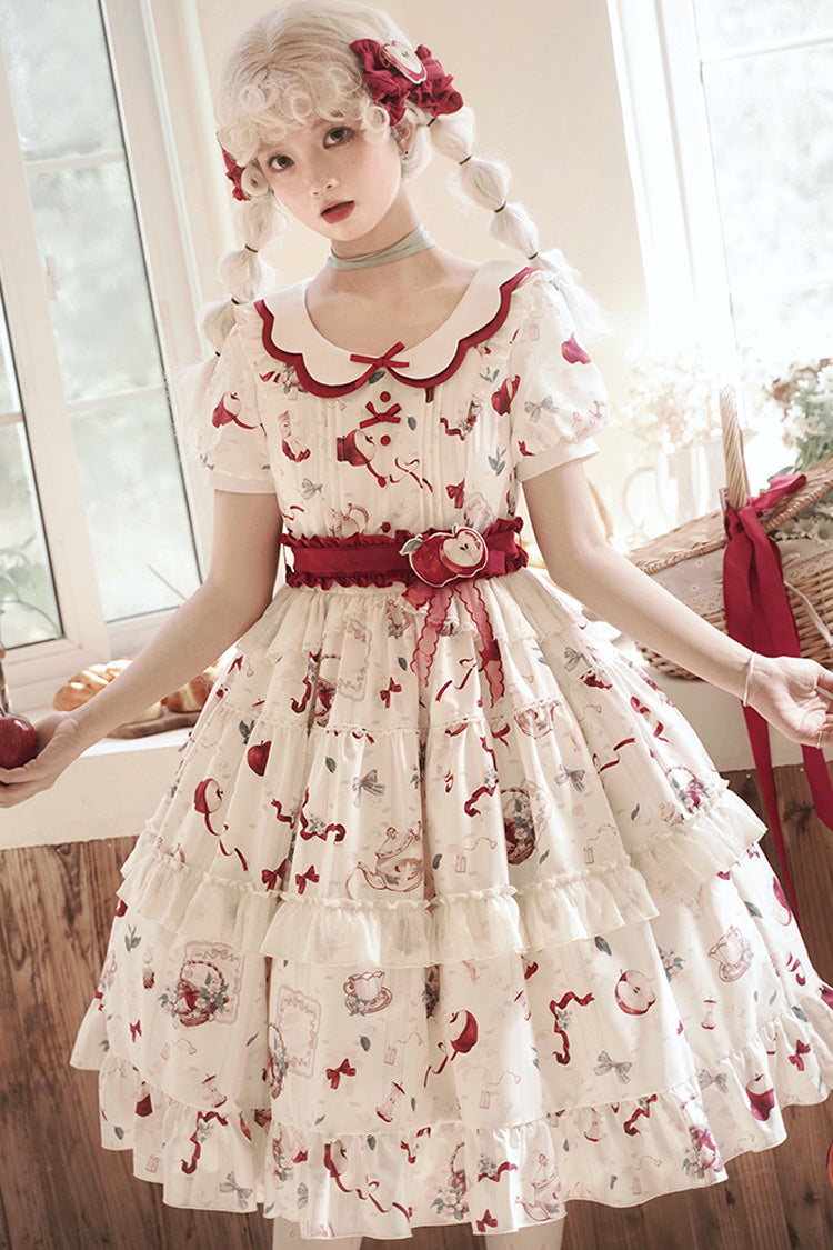White Apple Tea Printed Country Style Sweet Lolita Dress - Short Sleeved Ruffled