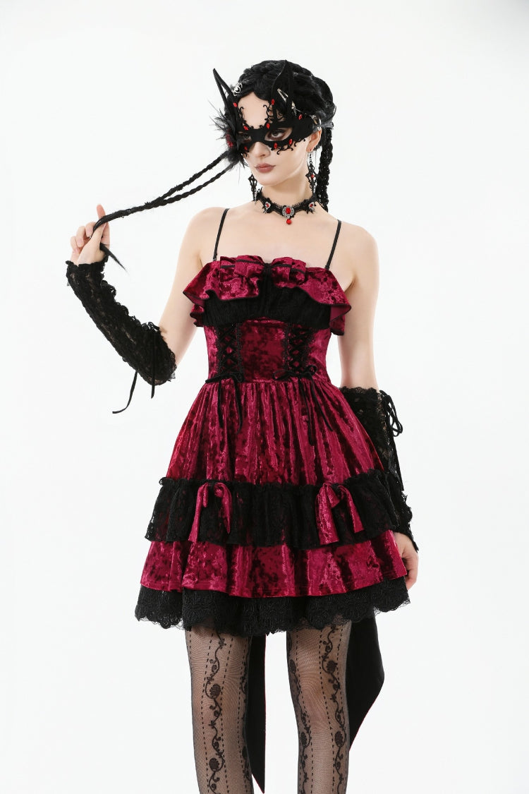 Wine Red Corset Lace-Up Velvet Irregular Tail Lolita Gothic Mini Dress