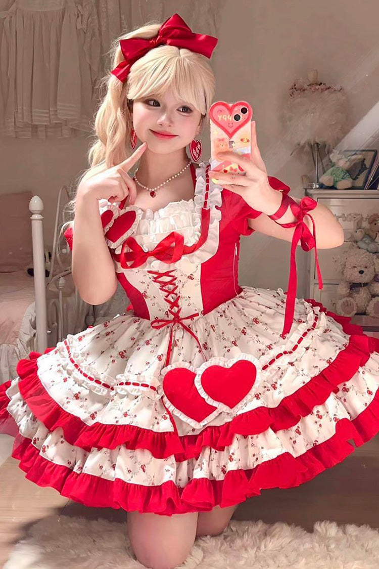 Red Double-Layered Floral Print Ruffled Bowknot Sweet Dress