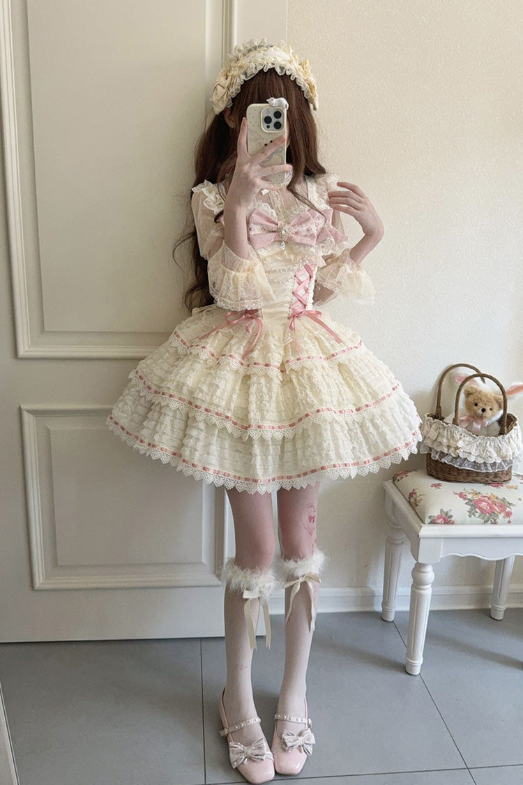 Sweet Lolita JSK Dress with Triple-Layer Bowknot Lace-Up and Apricot Sleeveless Design