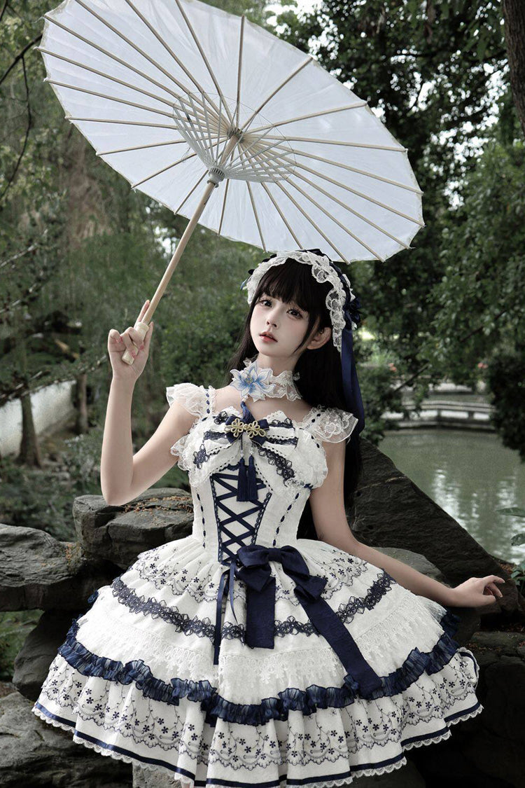 Mandarin Duck Rhapsody Sleeveless Porcelain Printed Ruffled Bow Chinese JSK
